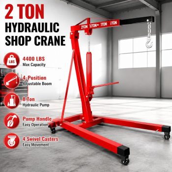 Hydraulic Crane 4400 lbs Heavy Duty Capacity, Engine Motor Hoist Adjustable Boom, engine lift Steel Construction for Automotive Workshop Red