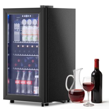 3.04 Cu.ft Mini Beverage Refrigerator, 130 Can Freestanding Wine Cooler with Glass Door, Smart Touch Control Panel, Black Compact Drink Fridge for Home, Office & Bar