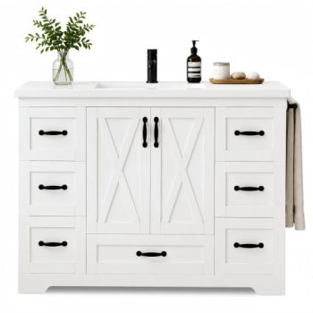 48 Inch Farmhouse Bathroom Vanity with Ceramic Sink and Backsplash, White Storage Cabinet with 6 Drawers and Side Towel Bar for Bathroom