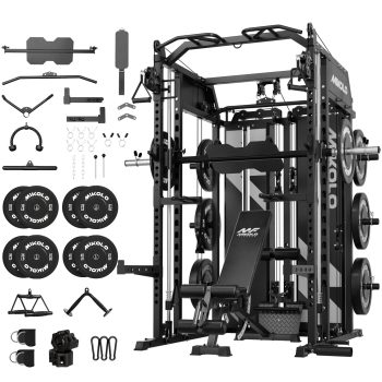 Mikolo Horus Smith Machine & Functional Trainer, 2200LBS Squat Rack with Cable Crossover, 2×2"Uprights (33 Holes), Dual 128LBS Weight Stack, Dual High/Low Cables
