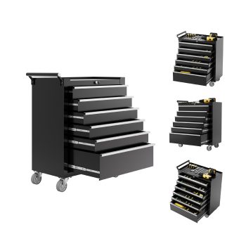 Heavy Duty 6-Drawer Rolling Tool Chest - Metal Storage Cabinet with Auto-Lock, Sliding Drawers, Lockable Wheels, Multi-Purpose Garage Organizer Cart, Black