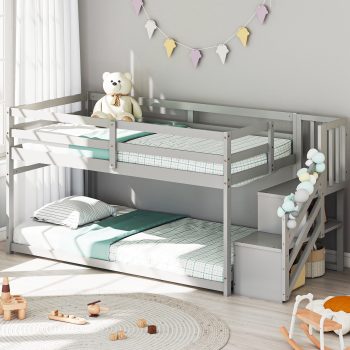 Joywind Solid Wood Low Bunk Bed Twin Over Twin with Storage Staircase, Safety Guardrails & Hanging Bar - Floor Bunk Beds for Kids, Boys, Girls, Juniors