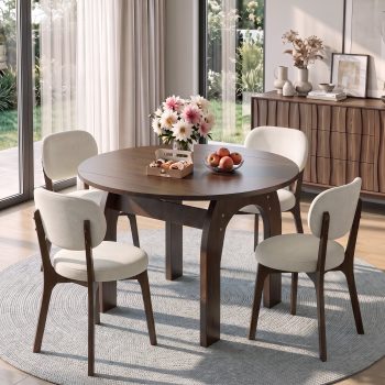 CasaBloom 35"-51" Extendable Round Dining Table Set for 4, Solid Wood Table with Upholstered Chairs Mid Century Modern Kitchen Walnut Dining Room Table and Chairs