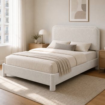 JIOABL Upholstered Platform Bed Frame with Adjustable Headboard, Teddy Fleece Fabric, No Box Spring Needed, White