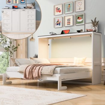 Harper & Bright Designs Horizontal Murphy Bed Size, Wooden Folding Wall Bed Chest Cabinet Bed with LED Light, Space-Saving Hidden Murphy Bed for Guest Room Home Office