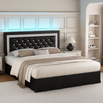 SIBEDS Upholstered Bed Frame with Adjustable Headboard and LED Lights, PU Tufted Diamond Button, No Box Spring Needed, Noise Free
