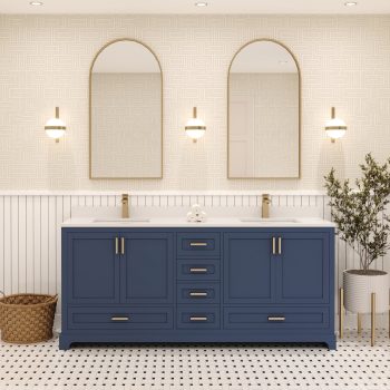 Ayna Decors Maya 72 in Double Sink Bathroom Vanity Set with Quartz Countertop | 4 Soft Closing Doors | 6 Full Extention Soft Close Drawer | Gold Hardware