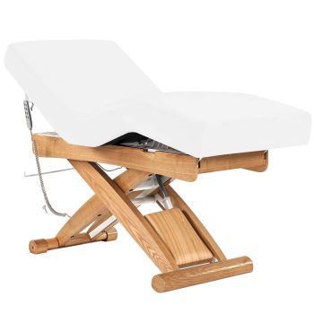 Spa Luxe Salon Top Electric Massage Table - 7" Cushion, 3 German Motors, Adjustable Height (21"-41"), Backrest & Knee Section - 450 lb, Faux Wood, Hand Control - White