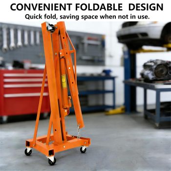 2 Ton Collapsible Hydraulic Engine Hoist Cherry Picker 4400 lbs Heavy Duty Shop Crane, Telescopic Boom, 6 Swivel Casters, for Garage, Workshop, Auto Repair Orange