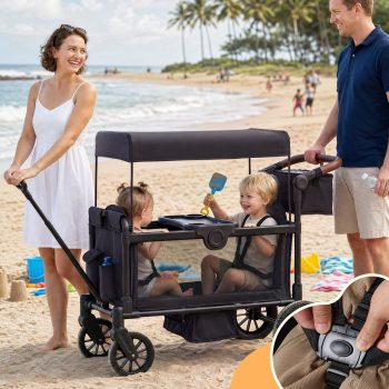 HARPPA Stroller Wagon for 2 Kids, Foldable Wagon Stroller with 5-Point Harness, Bench Seat, Outdoor Toddler Stroller