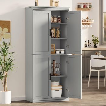 70 In Freestanding Wardrobe Closet with Doors and Adjustable Shelves Large Storage Tall Cabinet for Bedroom Gray Wood