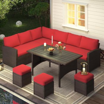 YODOLLA 7-Piece Patio Conversation Set with Dining Table, Brown Rattan Sofa and Red Cushions