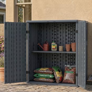 EHHLY Weatherproof Outdoor Storage Cabinet, 14 Cu.Ft. Resin Garage Organizer with 2 Adjustable Shelves & Lock, Utility Closet for Patio, Shed, Kitchen