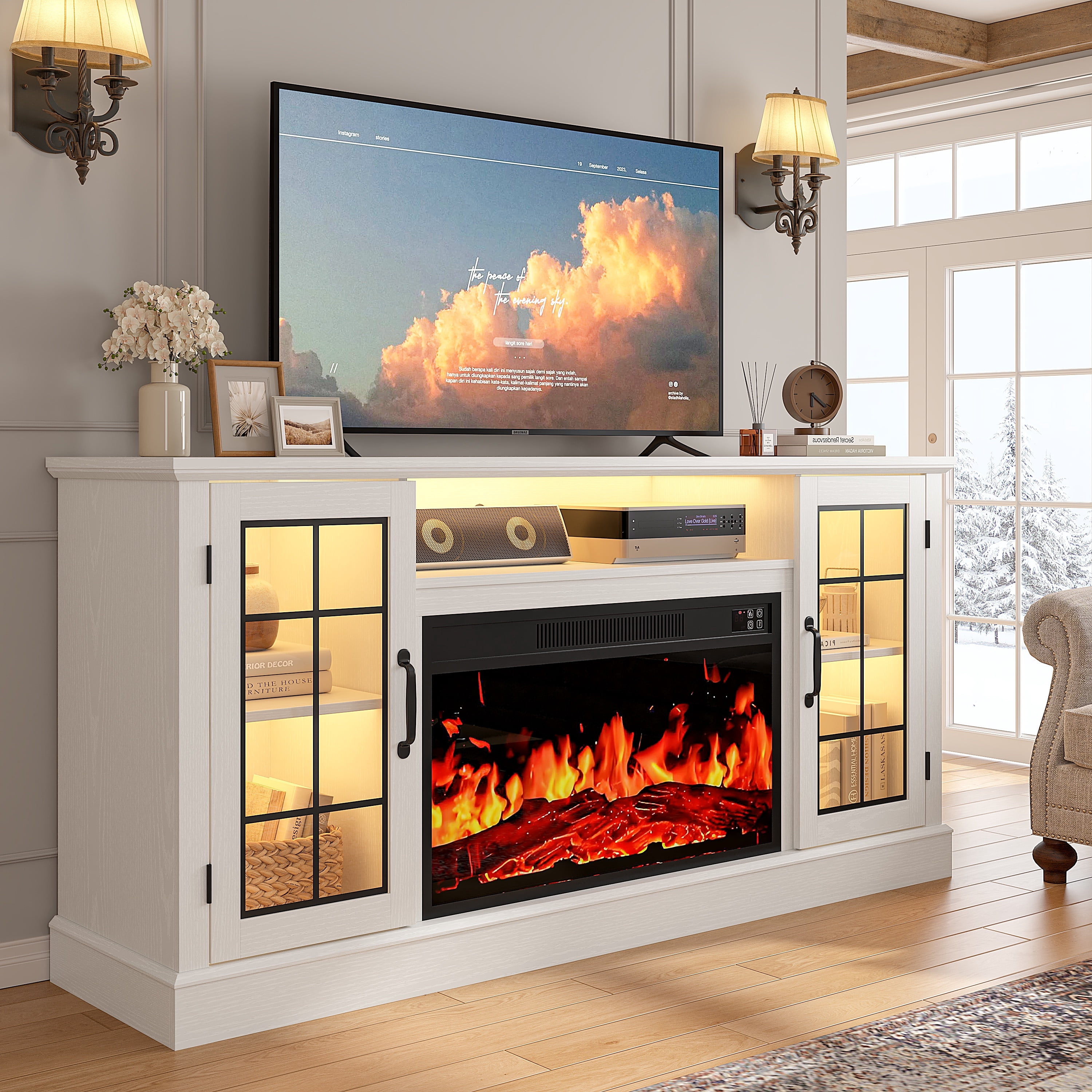 PAPROOS 63" Modern Fireplace TV Stand for TVs Up to 70", 32" Electric Fireplace Entertainment Center with LED Lights, Remote Control