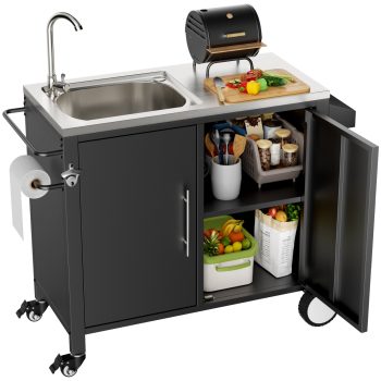 Leumius Outdoor Grill Cart with Sink & Cabinet,Outdoor Kitchen Island on Wheels,BBQ Grill Prep Table Movable Patio Storage Counte,L38" x W18" x H35"