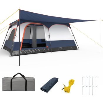Gymax 10-Person Camping Tent with Porch Large Family Cabin Tent w/ 2 Rooms 2 Doors Blue