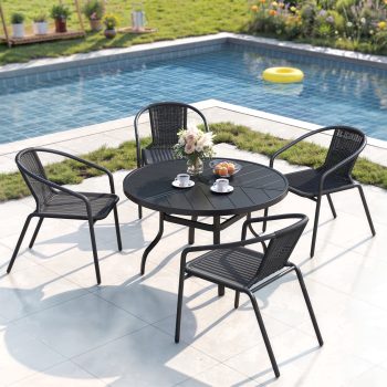 ELPOSUN 5-Piece Outdoor Patio Dining Set, Patio Dining Chairs & 39.3” Large Round Dining Table with Umbrella Hole, Steel Frame & Rattan Seat