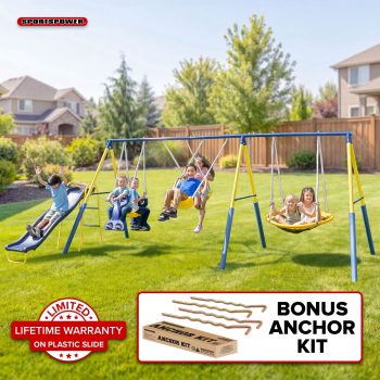 Sportspower Super Star 5-in-1 Metal Swing Set: 2 Swings, Flying Saucer, 2-Person Roman Glider, 6.5ft Slide with Lifetime Warranty; Great for Kids 3-8; Bonus Anchor Kit