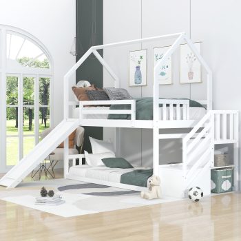 EUROCO Twin over Twin House Bunk Bed with Staircase for Kids Teens Bedroom,Solid Wood Bunk for Child
