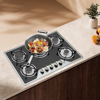 30 Inch Gas Cooktop, 5 Burner Built-in Gas Stove Top LPG/NG Convertible, Black Tempered Glass Gas Hob with Battery Pulse Ignition, 1/2" Gas Connection, Drop-in Kitchen Cooktop for Home & Restaurant