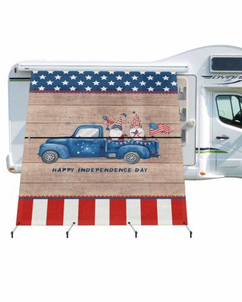 4th of July RV Awning Sun Shade Screen 9'X7' USA Flag Gnomes Blue Truck Mesh Sunscreen Patriotic Stars Wood Awning Shade Screen with Zipper UV Blocker Completed Kits for RV Motorhome Camper