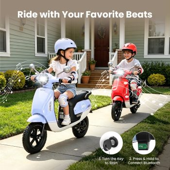 Track Seven 24V Ride-on Moped Scooter, Kids Electric Motorcycle for Boys Girls Ages 8-12, 250W Brushless Motor, 10 Mph Max Speed, Twist Throttle, 12" Pneumatic Tires, Bluetooth, LED Light, Blue