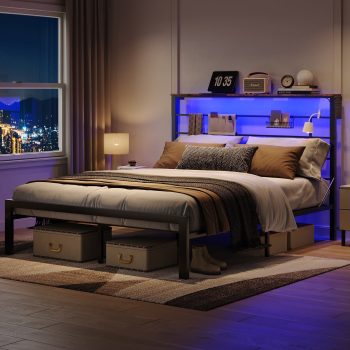 Bestier Size Bed Frame with 49.2" High LED Storage Headboard Shelf, Metal Platform Bed, Black