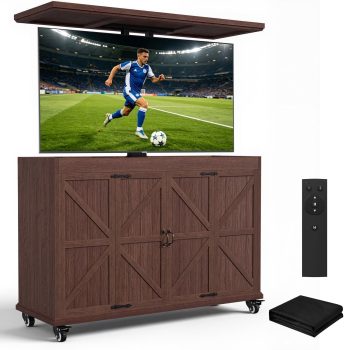 HABUTWAY Motorized TV Lift Cabinet Outdoor Weatherproof Solid Wood on Wheels, Fits 32-65" Screens, Adjustable 28-68"