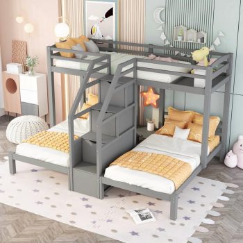 Bellemave Twin Over Twin Bunk Bed for 3, Triple Bunk Beds with Stairs, Wood 3 Bunk Beds with Storage Shelves, No Box Spring Needed (Gray)