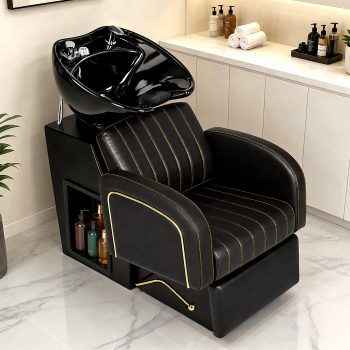 Advwin Salon Shampoo Bowl and Chair Set, Backwash Hair Washing Station with Adjustable Ceramic Shampoo Bowl & Leg Rest, Side Storage, PU Leather & Gold Accents for Hair Salon Barber Shop Spa