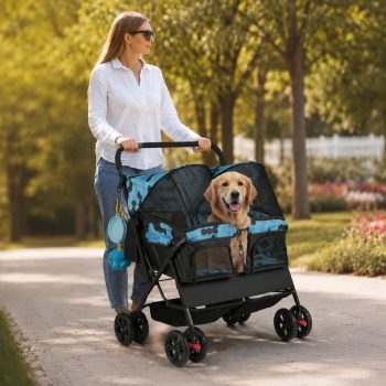 Double Pet Stroller with Adjustable Sunshade, Storage Basket, Safety Leash, Navy
