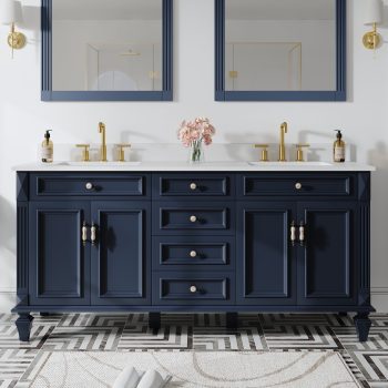 ANGELES HOME 72" Bathroom Vanity with Double Sinks, Solid Wood Bathroom Makeup Cabinet W/ 4 Doors and 4 Drawers, Bathroom Vanity Storage Organizer with Carrara Quartz Countertop
