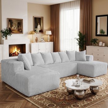 SOULART 130" Grey U L-Shaped Modular Cloud Couch, Sectional Sofa with Chaise – No Assembly, 5-Seater, Corduroy , Boneless sofa