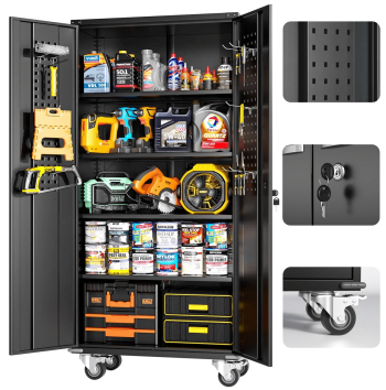 SOLAURA 72" Garage Storage Cabinet with Wheels and Pegboard, Rolling Tool Cabinet with 4 Adjustable Shelves, Lockable Storage Cabinet for Home Office