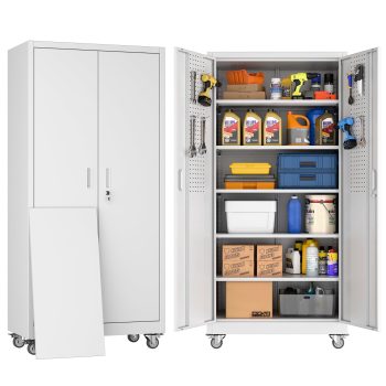Aobabo Metal Garage Storage Cabinet with Wheels, Rolling Tool Storage Cabinet with 5 Adjustable Shelves and Pegboard for Garage Home Office Utility Room,Required Assembly,White 71" H×32" W×16" D
