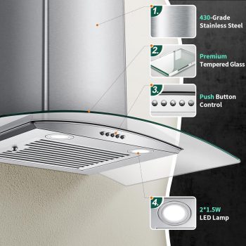 30 inch Glass Wall Mount Range Hood 450CFM Kitchen Cook 3-Speed Touch Control Range Hood 30 Inch, Tieasy Wall Mount Kitchen Hood with Ducted/Ductless Convertible Duct, Stainless Steel Chimney