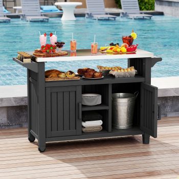 Nihsuao Resin Outdoor Grill Cart, Patio Storage Table, Outdoor Kitchen Island with Stainless Steel Top & Storage Cabinet for Kitchen Prep, Outdoor Bar Cart for Patio, Poolside and Backyard