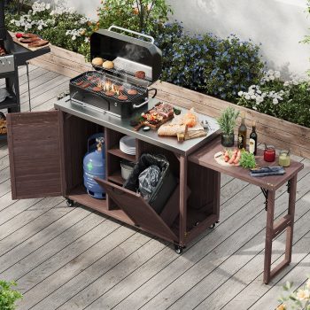 Harper & Bright Designs Outdoor Kitchen Island with Foldable Grill Table, Wood Outdoor Grill Cart with Trash Can Storage & Stainless Steel Top, Outdoor Bar Cart, Pizza Oven Table for Lawn