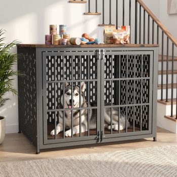 YOKWOK 42 Inch Furniture-Style Dog Crate for Large Dogs, Heavy Duty Thick Metal Dog Cage with Water Resistant Top & Safe Lock, Chew-Proof & Escape-Proof Large Indoor Dog Kennel