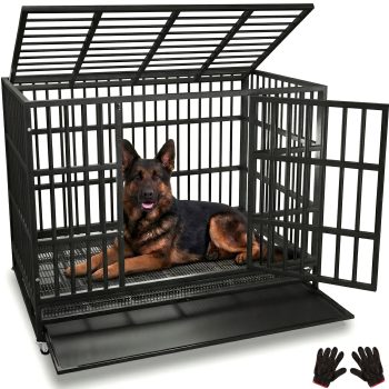 48 Inch Heavy Duty Indestructible Dog Crate,Escape-Proof Dog Cage for High Anxiety Dogs,XL Dog Crate for Large Dogs with Sturdy Locks,Double Door,Removable Wire Tray and Wheels