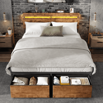 Satifur Size Bed Frame with 2 Drawers & LED Lights & Charging Station, Beds with Headboard & 10.10" Under Bed Storage, No Box Spring Needed, Easy Assembly