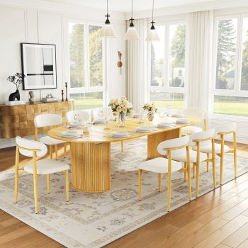 Extendable Dining Table Set for 8, 45-105" Round Expandable Table with Slotted Base and 8 Upholstered Fabric Chairs, Modern Kitchen & Dining Room Set