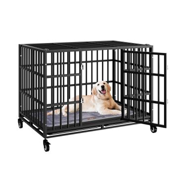 42.1 Inch Heavy Duty Dog Crate with Wheels, Indestructible Escape-Proof Dog Cage for Large Dogs, Extra Large XL XXL Indestructible Dog Crate with Removable Tray.