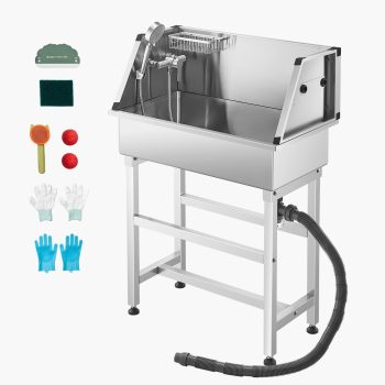 KFFKFF 34-Inch Stainless Steel Pet Washing Station, Grooming Tub with Adjustable Faucet, Showerhead, Storage Shelf, Convenient Design for Home Use, Suitable for Small Cats and Dogs