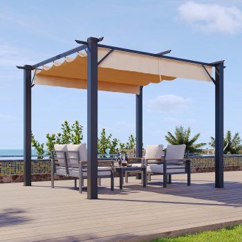 10x10FT Retractable Pergola Kit with Adjustable Louvered Canopy - Outdoor Patio Gazebo Cover | Waterproof Sun Shade Roof for Backyard, Deck, Garden (Brown)