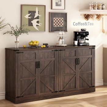 65" Large Farmhouse Buffets Cabinet w/Storage, 4 Barn Doors Coffee Bar Cabinet with Adjustable Shelves, Wood Sideboard Cabinet with Storage for Kitchen, Dining Room, Living Room, Brown
