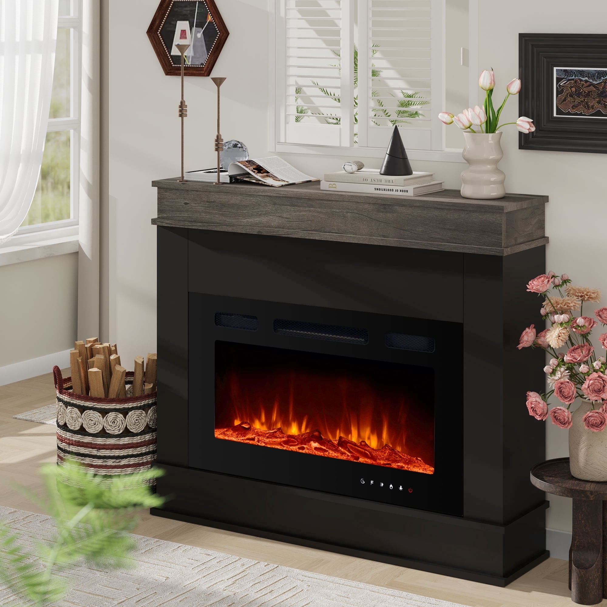 Maxhonor 60" Freestanding Electric Fireplace Insert with Mantel Shelf, 12 Color 3D Flame Fireplace Heater, 750W/1500W Dual Power, Remote & Touch Control, Classic Minimalist Design