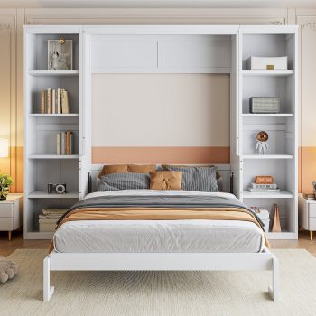 Euroco Wood Size Murphy Bed with Desk and Shelves, Space-Saving Wall Bed for Bedroom