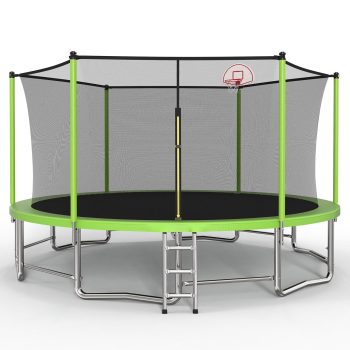 15 FT Trampoline for Kids with Safety Enclosure Net, Outdoor Backyard Large Recreational Trampoline with W-Shaped Legs and Balance Bar