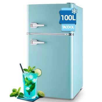 TACOOL Small Retro Mini Fridge with Top Freezer 100 Liter Dual Door Compact Refrigerator with Adjustable Thermostat LED Light, Low Noise for Dorm